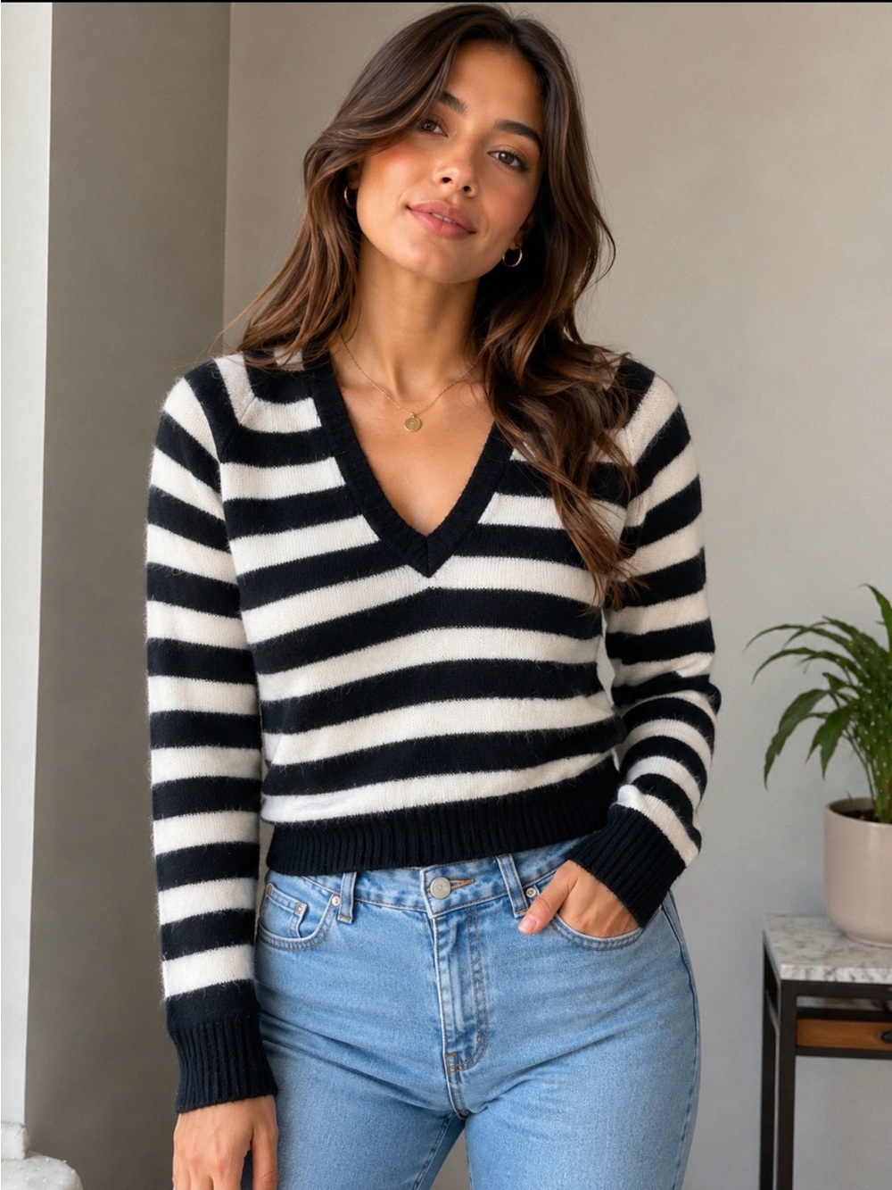 Kismet Black & White Striped V-Neck Sweater